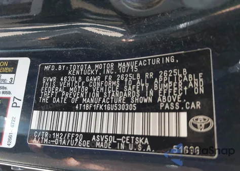 2016 Toyota Camry Se from USA, damaged, VIN 4T1BF1FK1GU530305